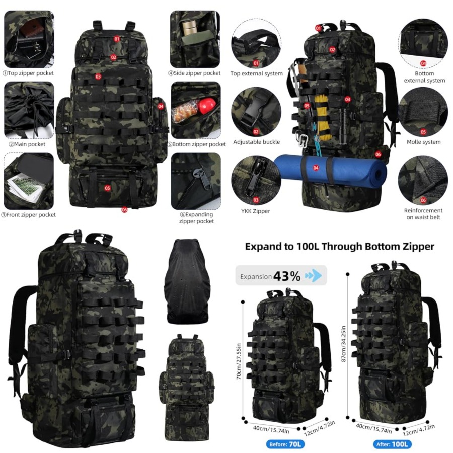 70L/100L Camping Hiking Backpa - Hiking Backpack Waterproof avis et prix